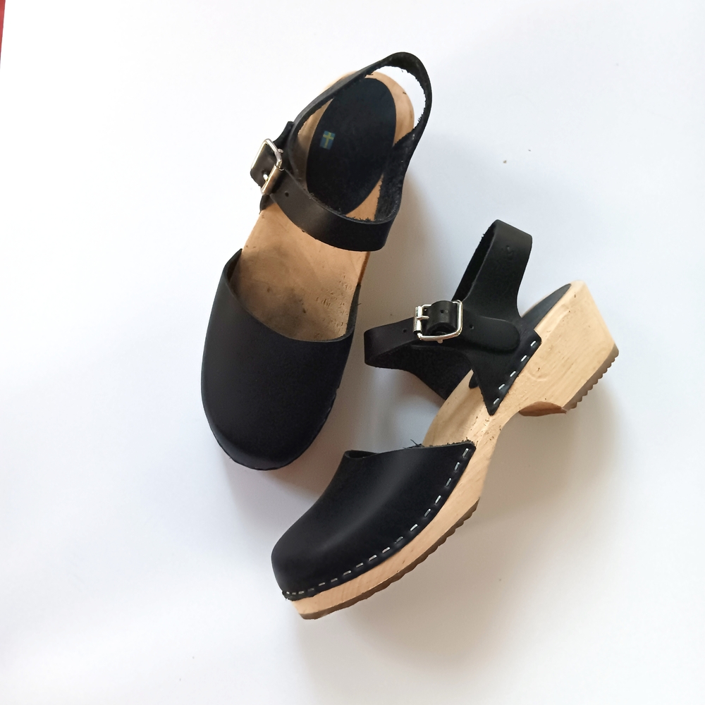 Lotta's Lotta From Stockholm Low Wood Black Leather Swedish Wooden Clogs Size 38 - Picture 4 of 9
